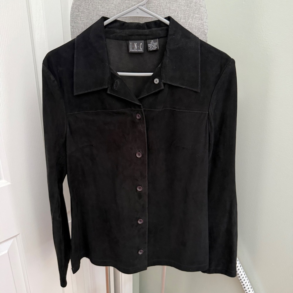 INC International Concepts Black Genuine Leather Suede Shirt Jacket M Y2K Grunge